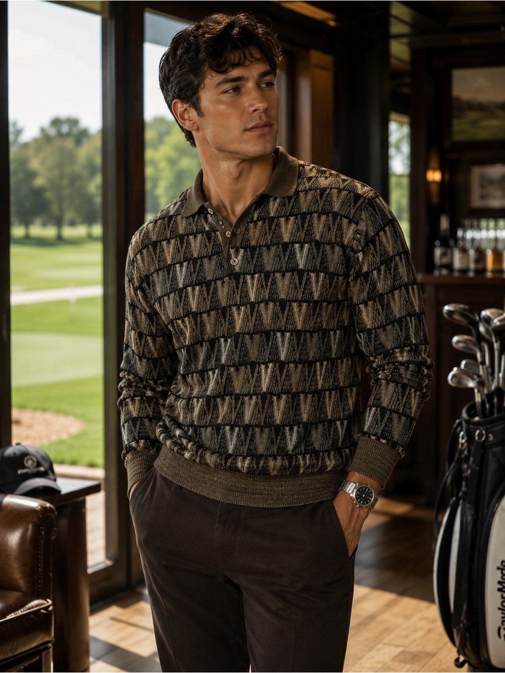 Men's Brown Patterned Polo Cardigan Sweater